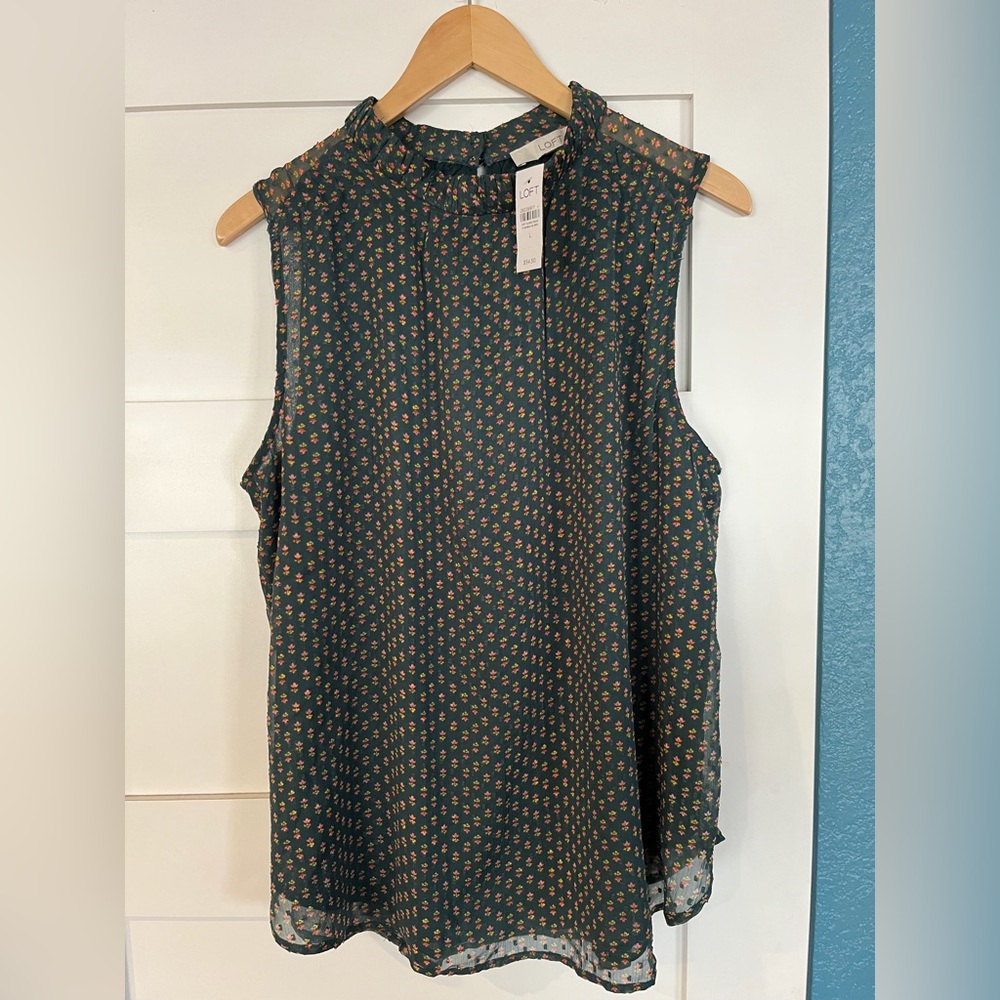 NWT LOFT Sleeveless Top in Dark Green with Flower Pattern